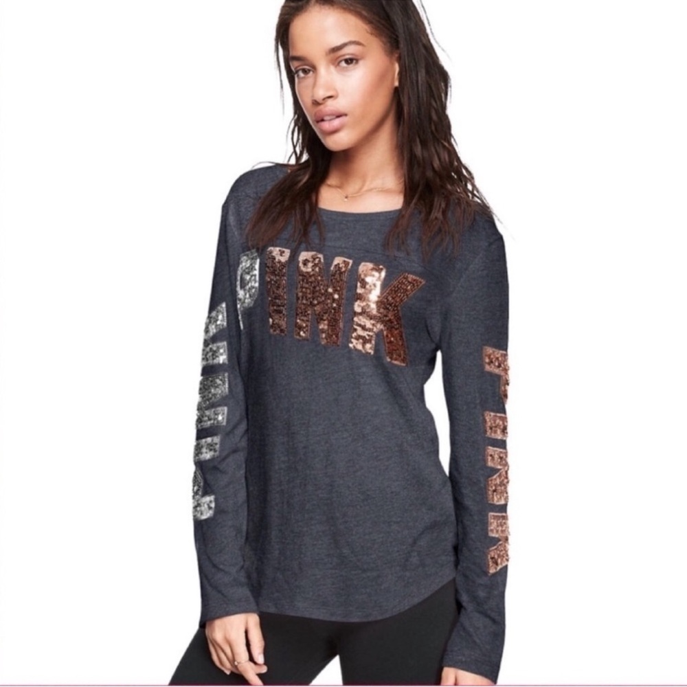 PINK Victoria's Secret Charcoal Long Sleeve Tee Gold & Silver Sequins Size L